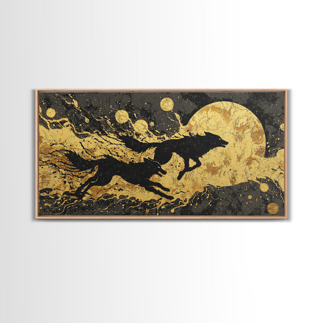Fenrir Wolf Canvas Gold Art Norse Mythology Canvas Art, Viking Beast of Ragnarok Wall Decor for Office or Man Cave in wood frame