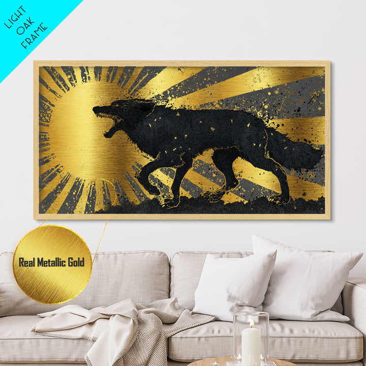 Hati and Sköll Wolves Metallic Gold Art Norse Mythology Metal Art, Viking Sun and Moon Chase Wall Decor framed in real wood
