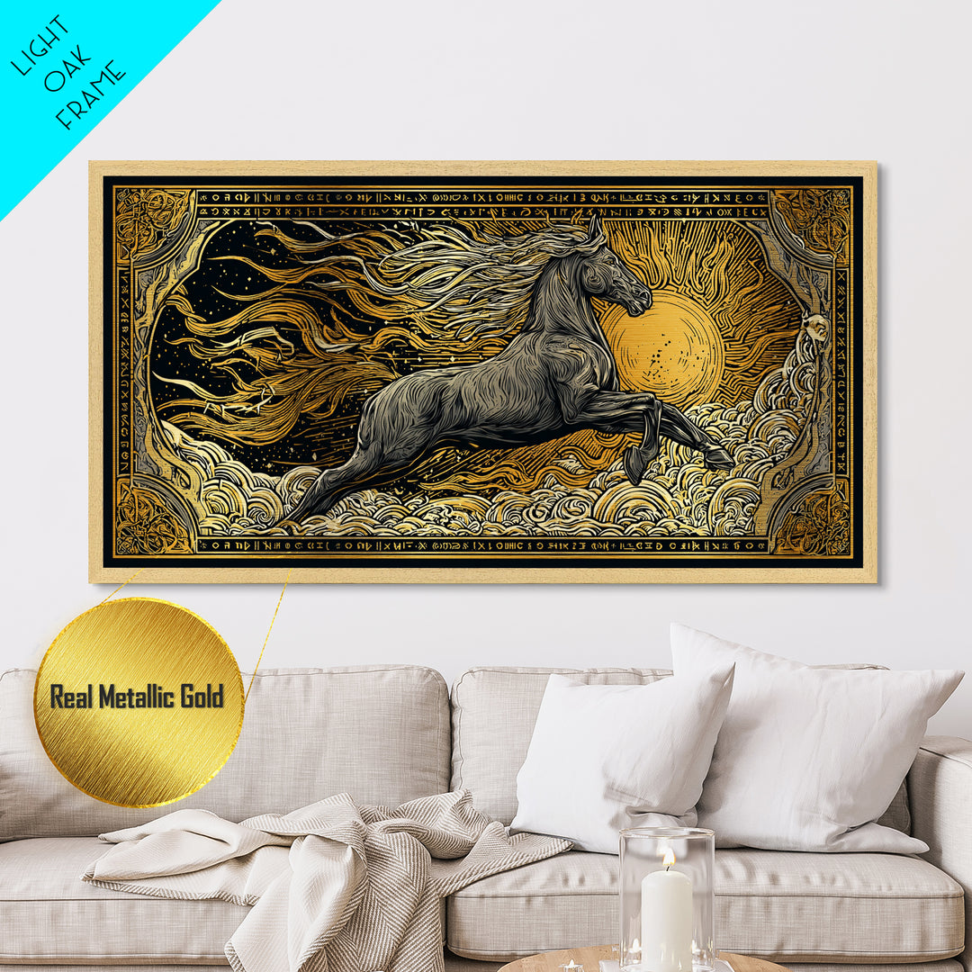 Mythical Sleipnir Metallic Gold Art Wall Decor, Odin’s Eight-Legged Horse Norse Metal Art with real wood frame, Viking Office Art