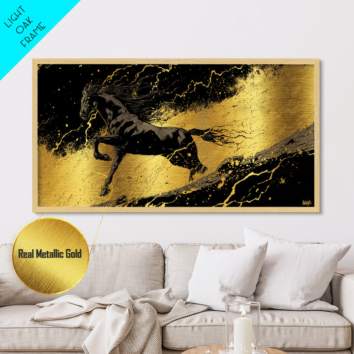 Nordic Sleipnir Horse Metal Art, Metallic Gold Art in Norse Mythology Style, Man Cave Wall Art for Men, framed in authentic wood