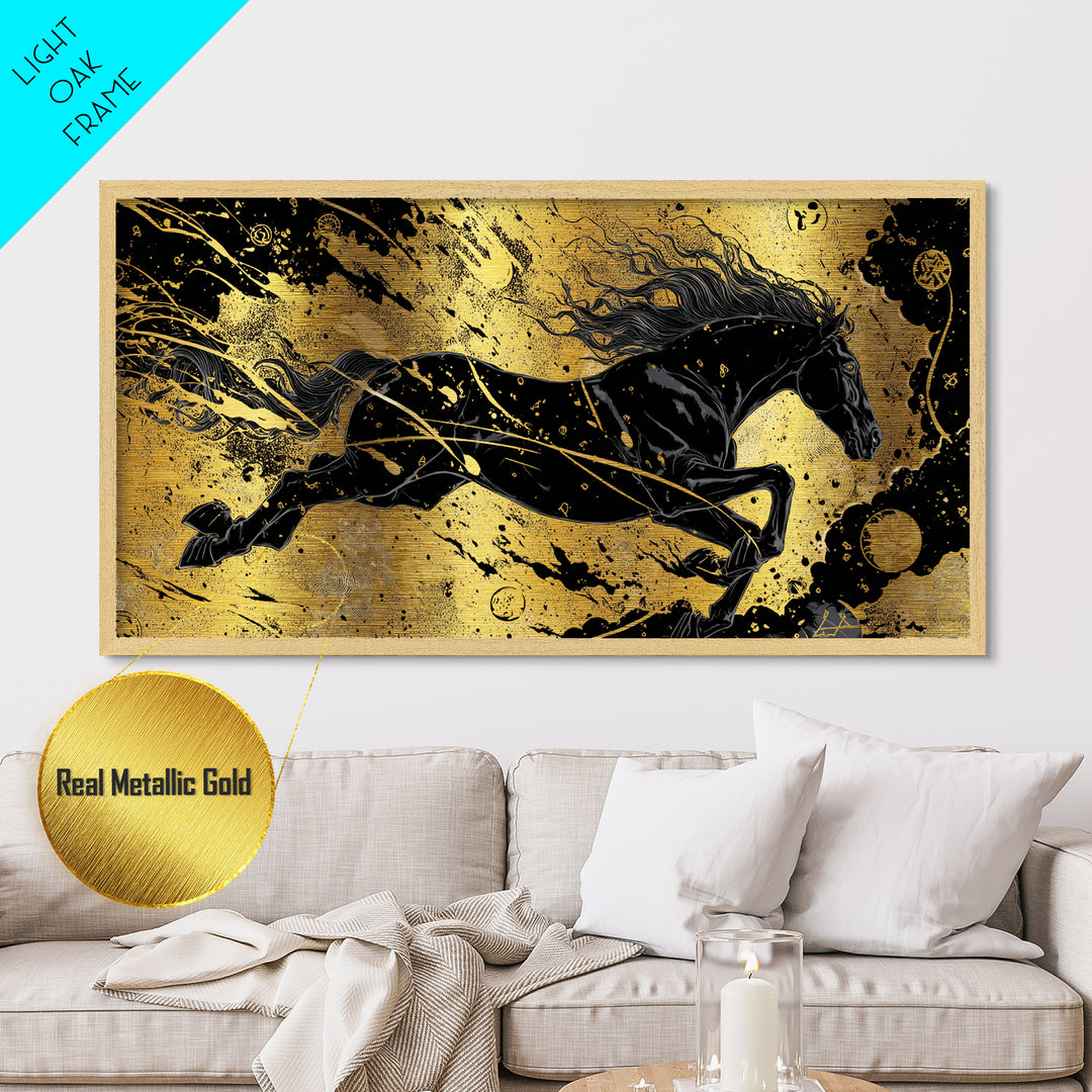 Sleipnir Norse Horse Metallic Gold Art, Nordic Mythology Metal Art for Man Cave or Office, framed in natural wood, unique Dad Gift