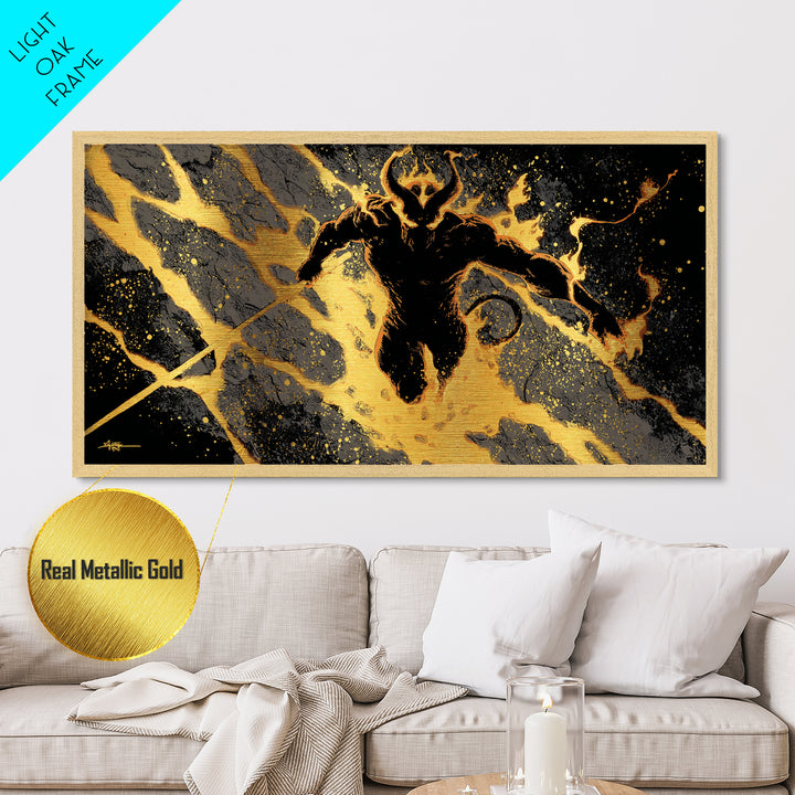 Mythical Surtur with Flaming Sword Metallic Gold Art, Viking Metal Art Norse Decor, Man Cave Office Art, framed in handcrafted wood