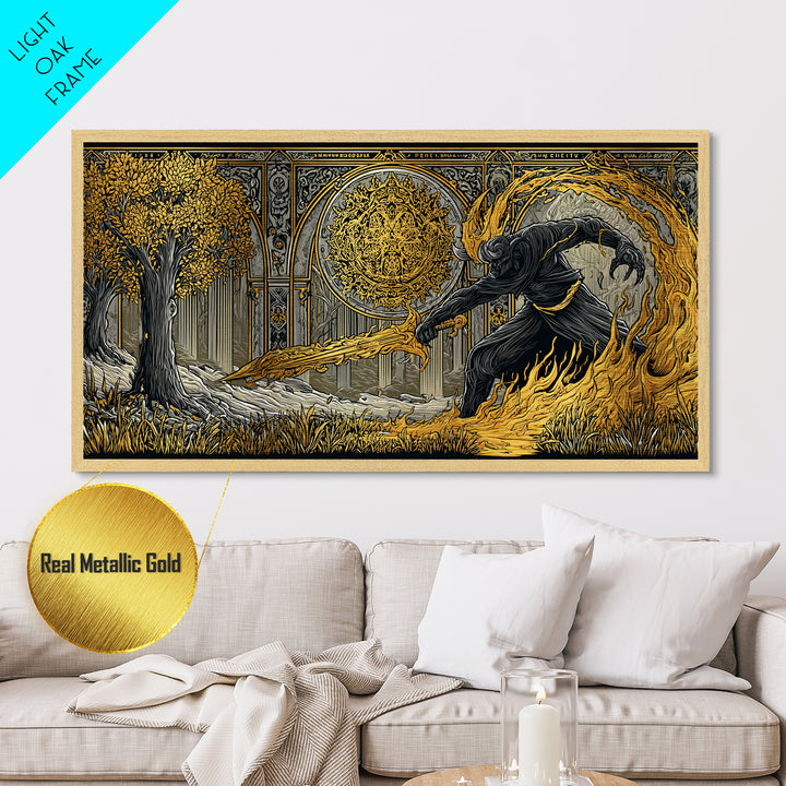 Surtur Norse Fire Giant Metal Art, Nordic Mythology Metallic Gold Art for Office Wall or Man Cave, framed in real wood, bold Dad Gift