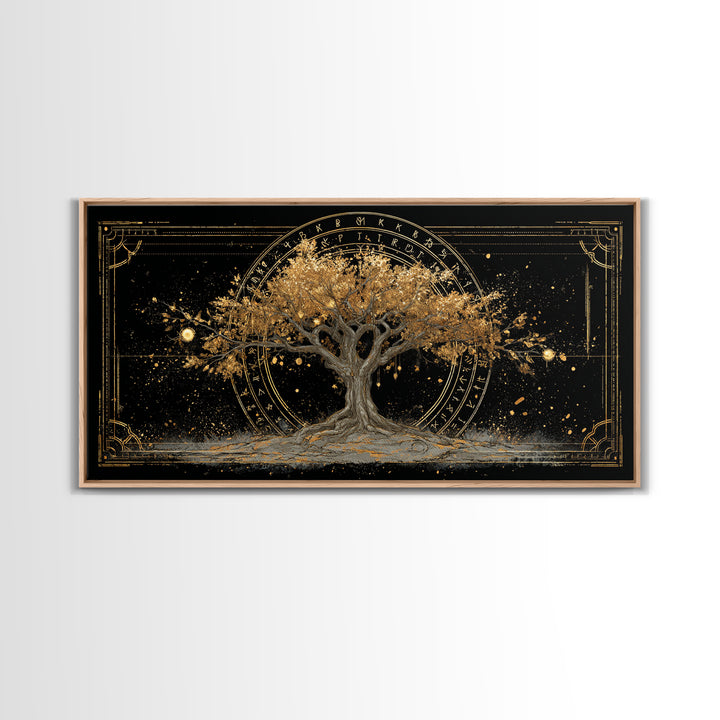 The World Tree Yggdrasil Canvas Gold Art, Norse Mythology Canvas Art for Office, Viking Man Cave Decor, framed in natural wood