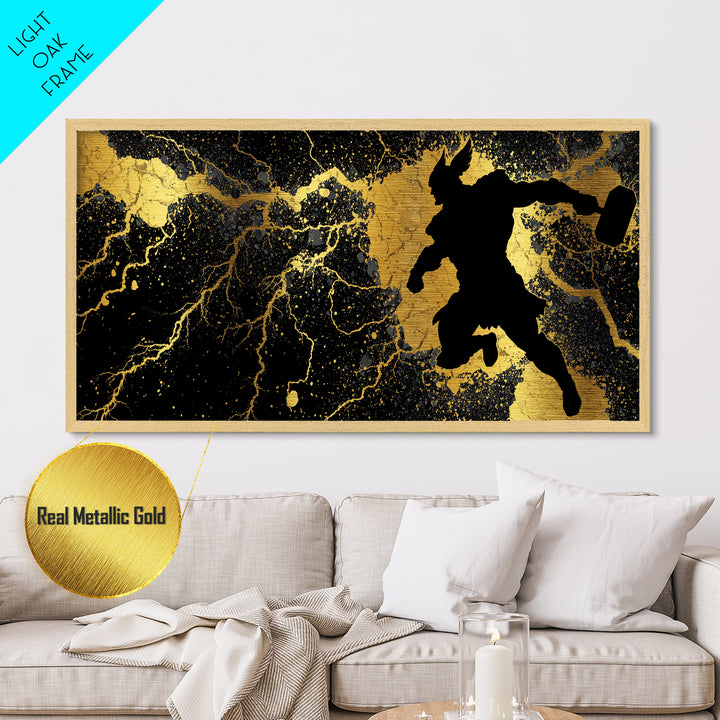 Viking Thor with Mjolnir Metallic Gold Art, Norse Mythology Metal Art Wall Decor for Man Cave or Dad Gift, framed in solid wood
