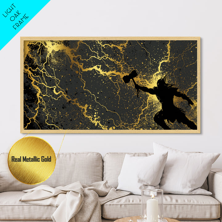 Thor God of Thunder Metal Art, Metallic Gold Art with Lightning, Norse Mythology Wall Decor, Office Art for Men, framed in real wood