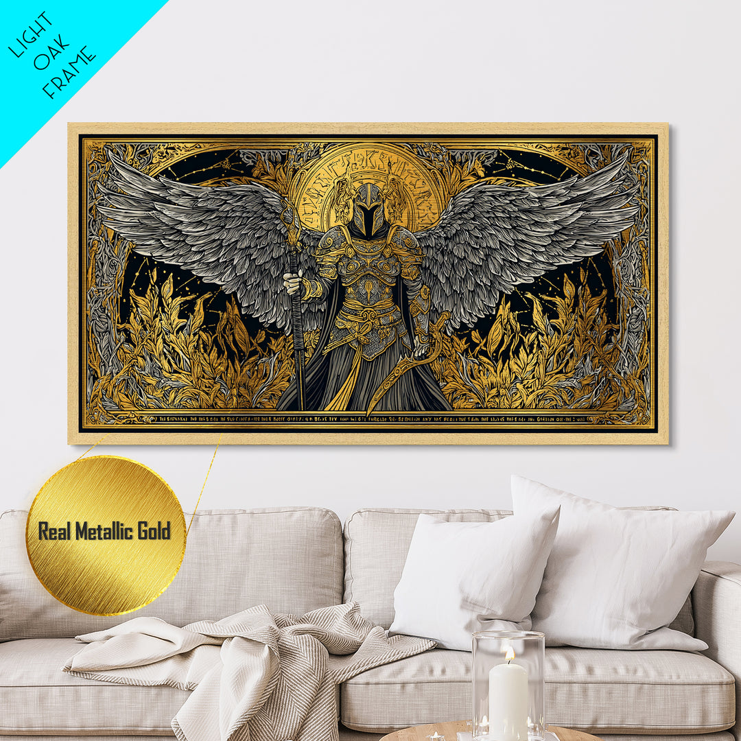 Winged Valkyrie Warrior Metal Art, Metallic Gold Art Norse Decor, Nordic Mythology Office Art for Men, framed with real wood detail