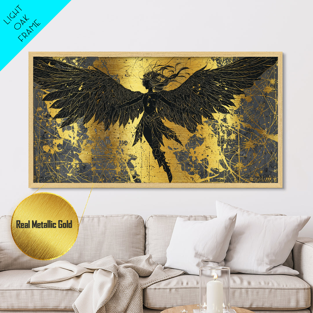 Valkyrie Metallic Gold Art Nordic Metal Art with Real Wood Frame, Norse Mythology Warrior Wall Decor for Office or Man Cave