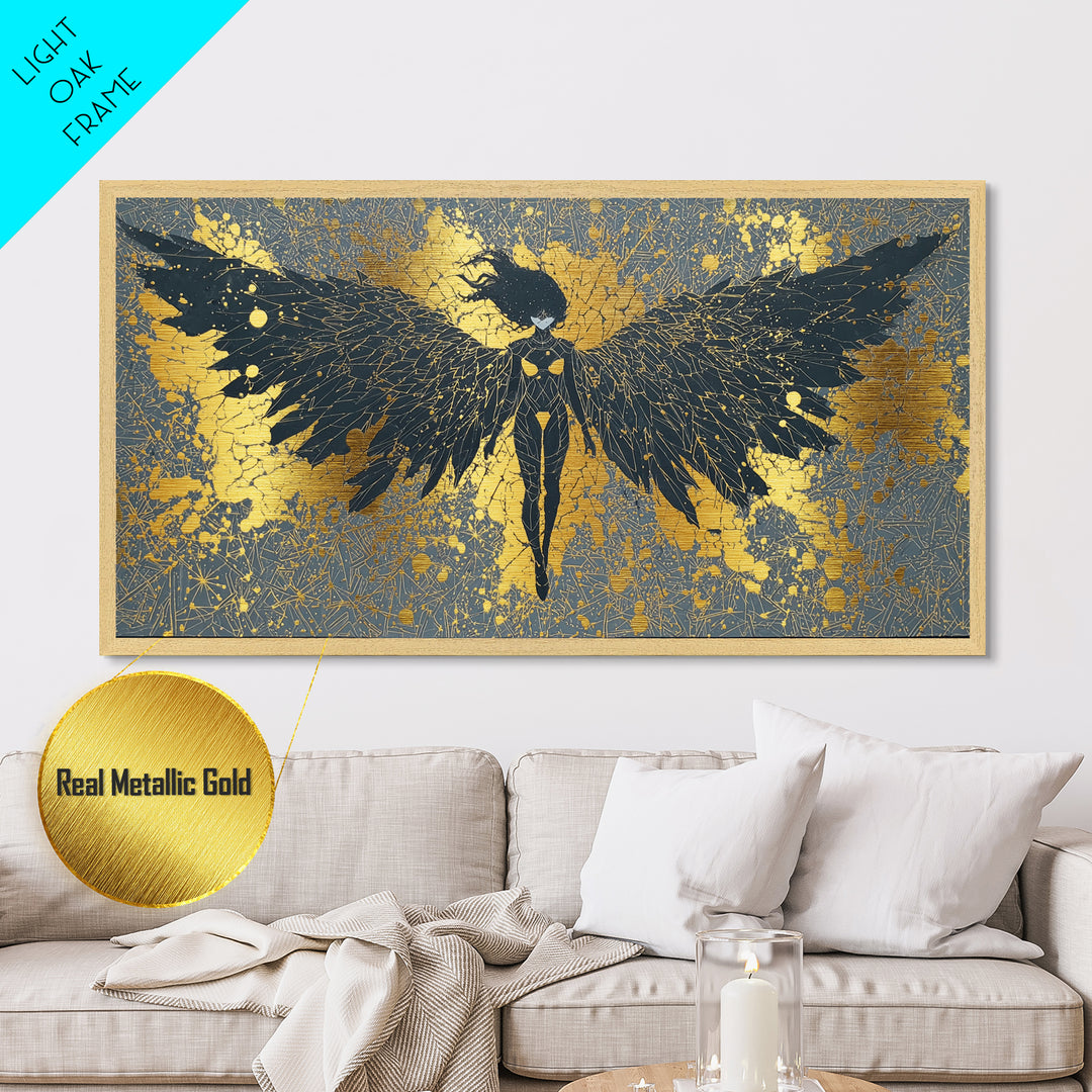 Metal Art Valkyrie Angel Metallic Gold Art, Norse Mythology Wall Hanging framed in Natural Wood, Dad Gift or Office Decor