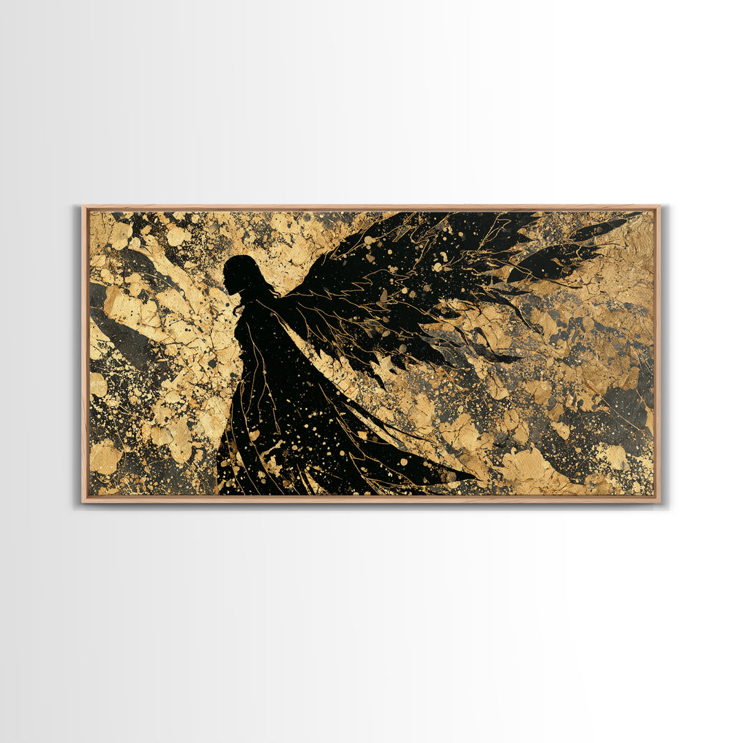 Valkyrie Canvas Gold Art, Norse Mythology Canvas Art Warrior Woman, Nordic Decor for Office or Man Cave, framed in natural wood