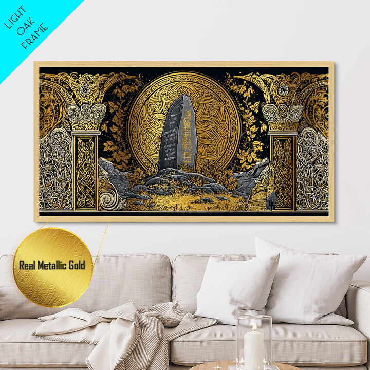 Viking Helmet Metallic Gold Art Metal Art, Norse Warrior Helmet Decor framed in Natural Wood, Nordic Office or Dad Gift Wall Art