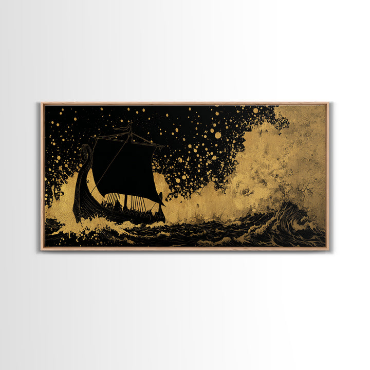 Canvas Art Viking Rune Stone Canvas Gold Art, Norse Mythology Wall Decor with Real Wood Frame, Man Cave Nordic Office Artwork