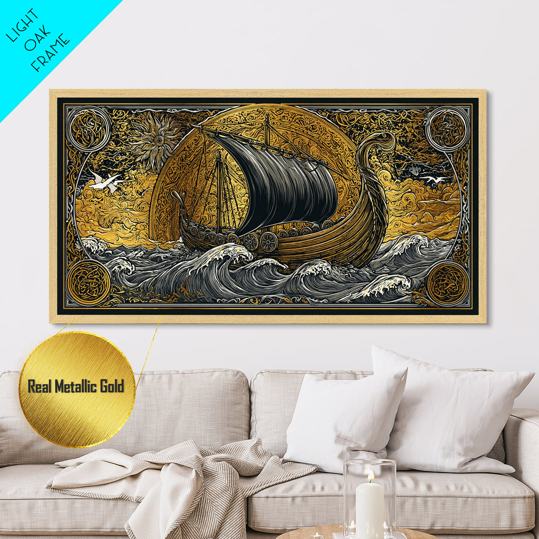 Viking Ship Metallic Gold Art Metal Art, Norse Longboat Sailing Wall Decor with Real Wood Frame, Nordic Mythology Office Artwork