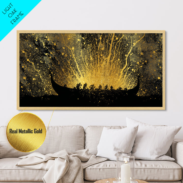 Metal Art Viking Longship Metallic Gold Art, Nordic Seafaring Norse Decor in Real Wood Frame, Man Cave or Office Wall Hanging