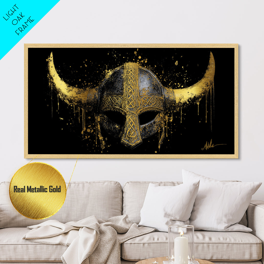 Nordic Valkyrie Metallic Gold Art Metal Art, Norse Goddess Warrior Silhouette with Wings, Man Cave Wall Art in Real Wood Frame