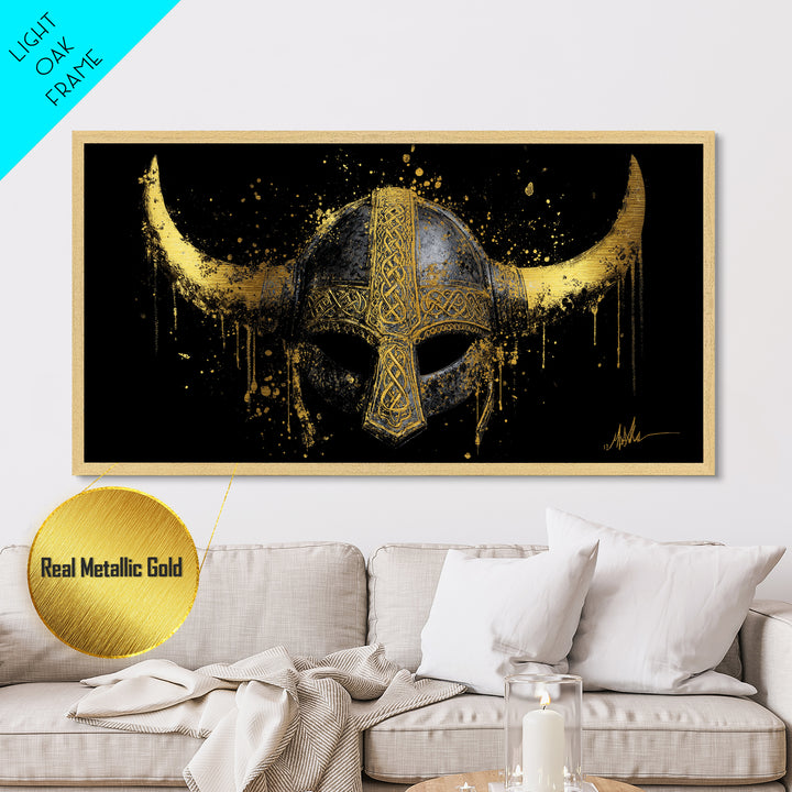 Nordic Valkyrie Metallic Gold Art Metal Art, Norse Goddess Warrior Silhouette with Wings, Man Cave Wall Art in Real Wood Frame