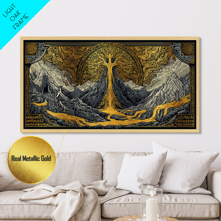 Yggdrasil Metallic Gold Art Metal Art, Norse World Tree of Life Wall Decor framed in Natural Wood, Nordic Mythology Office Artwork