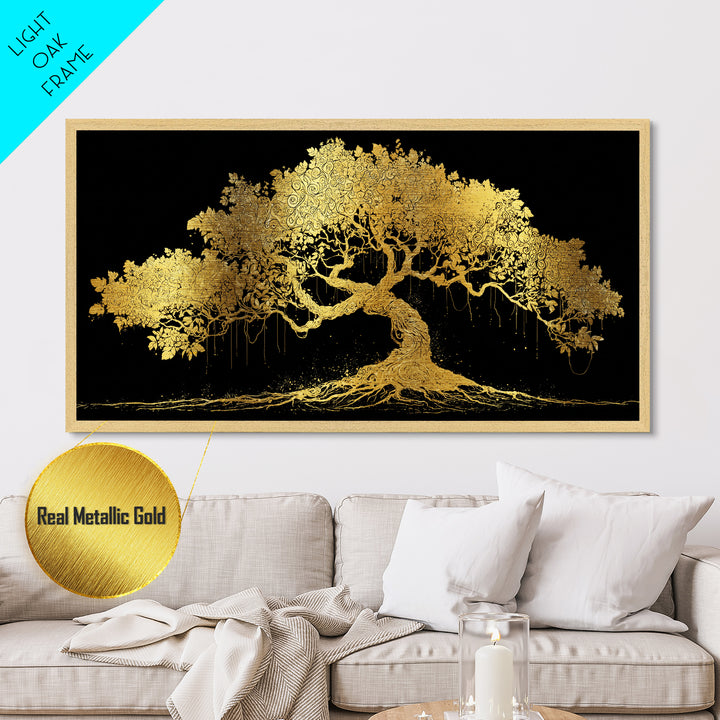 Metal Art Yggdrasil Metallic Gold Art, Norse Tree of Life Wall Hanging with Real Wood Frame, Nordic Mythology Man Cave or Dad Gift