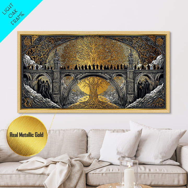 Yggdrasil Bridge Nordic Mythology Wall Decor | Metallic Gold Art Metal Art | Norse Gods Fantasy Scene framed in real wood