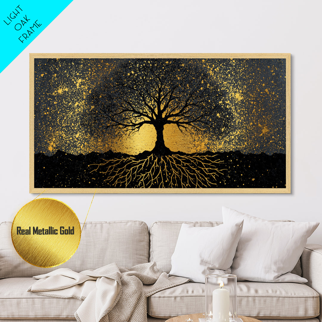 Viking Funeral Metallic Gold Art Metal Art, Norse Longship Silhouette Wall Decor framed in Natural Wood, Nordic Mythology Artwork