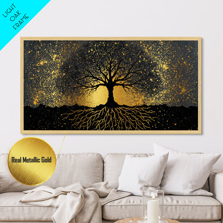 Viking Funeral Metallic Gold Art Metal Art, Norse Longship Silhouette Wall Decor framed in Natural Wood, Nordic Mythology Artwork