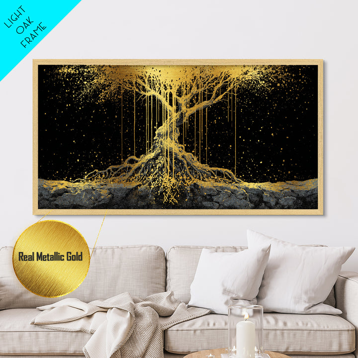 Norse Yggdrasil Tree of Life Metallic Gold Art Metal Art | Nordic Mythology Office Wall Decor Man Cave Gift in natural wood frame