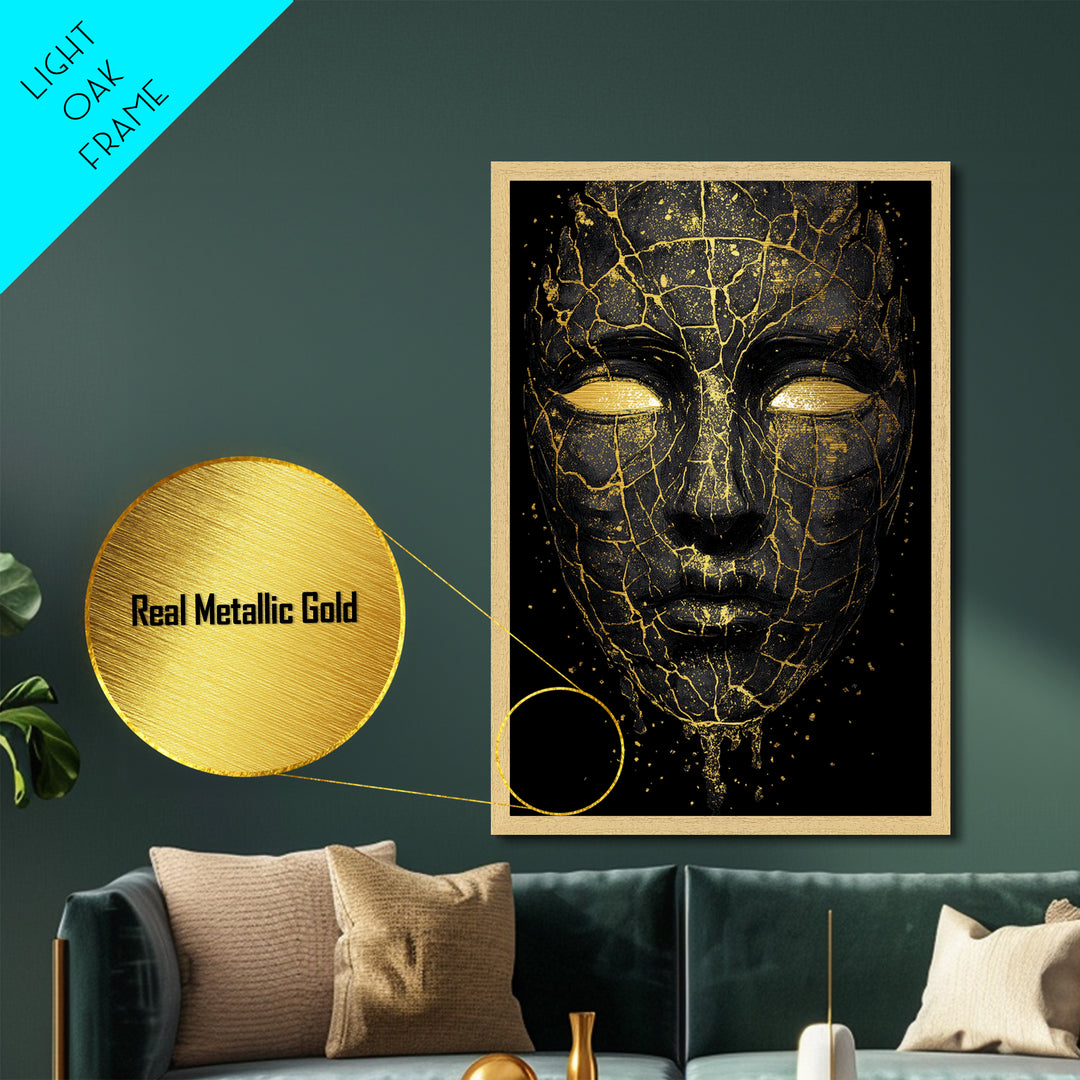 Cracked Mask Metallic Gold Art Metal Art | Norse Mythology Symbolic Face Wall Decor | Viking Pagan Office or Man Cave Art Framed in Wood