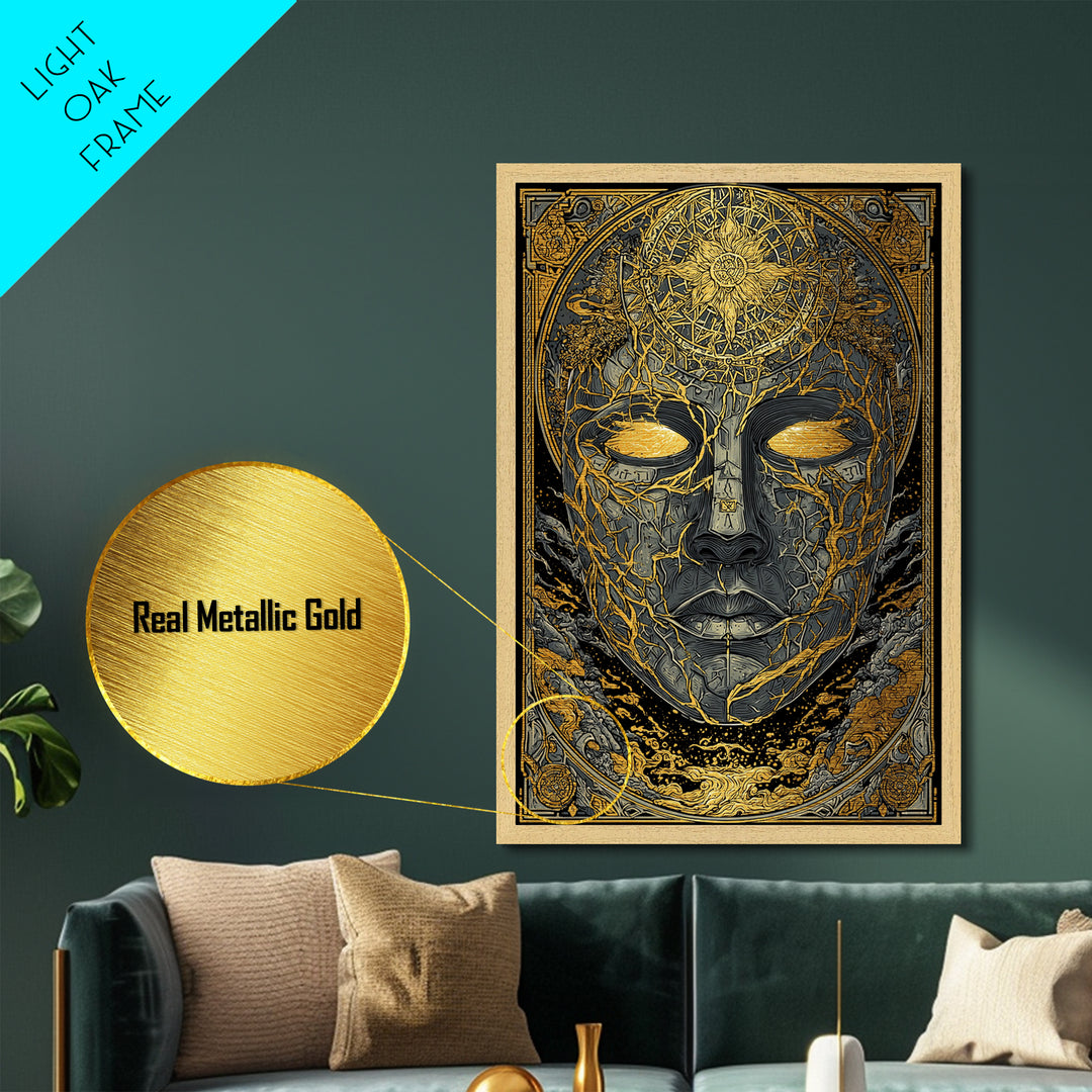 Norse Mythology Mask Wall Decor Metallic Gold Art Metal Art for Man Cave or Office, framed in natural real wood