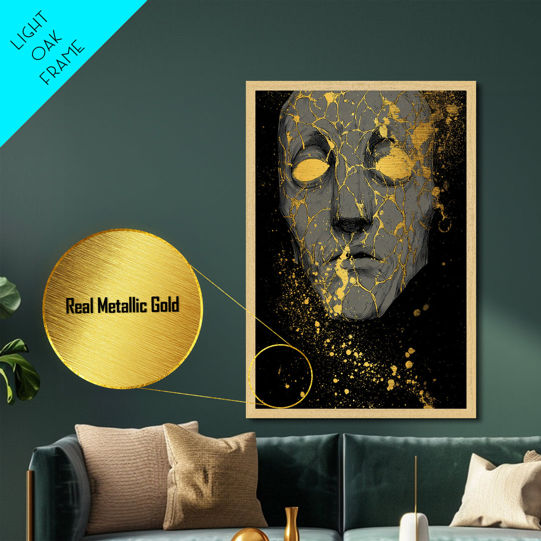 Metallic Gold Art Metal Art Norse Mythology Mask Design, Nordic Wall Decor with Real Wood Frame for Office or Dad Gift
