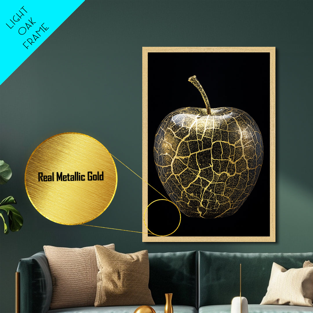 Golden Apple of Idunn Norse Myth Metallic Gold Art Metal Art, Viking Wall Decor framed in authentic natural wood