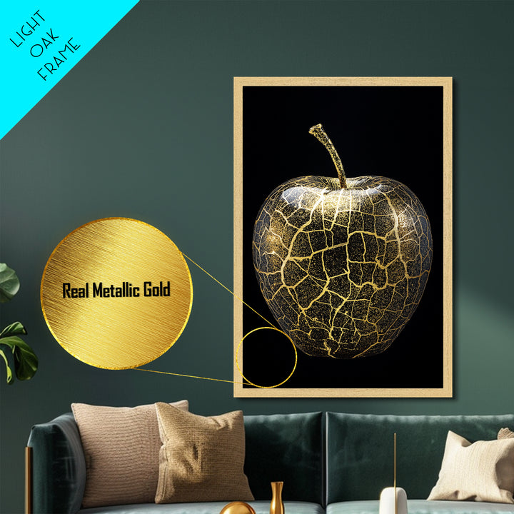 Golden Apple of Idunn Norse Myth Metallic Gold Art Metal Art, Viking Wall Decor framed in authentic natural wood