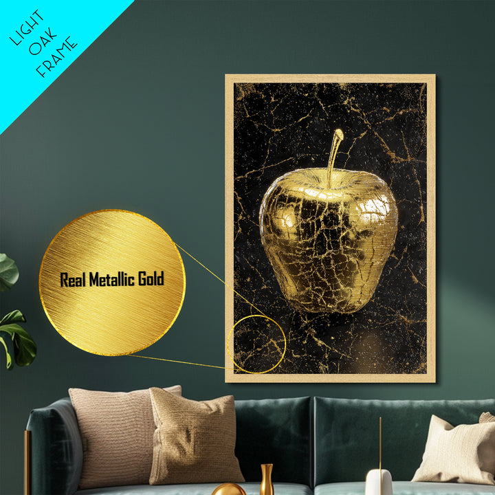Nordic Mythology Golden Apple Metallic Gold Art Metal Art, Unique Norse Symbol Wall Decor with real wood frame