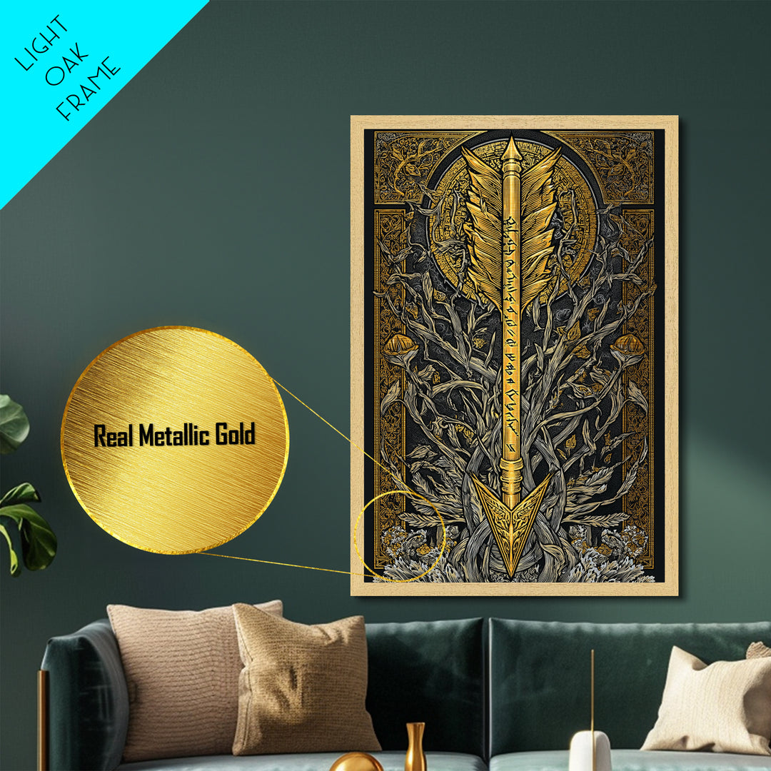 Metallic Gold Art Metal Art Viking Arrow Design Norse Mythology Decor, Nordic Office or Dad Gift framed in natural wood