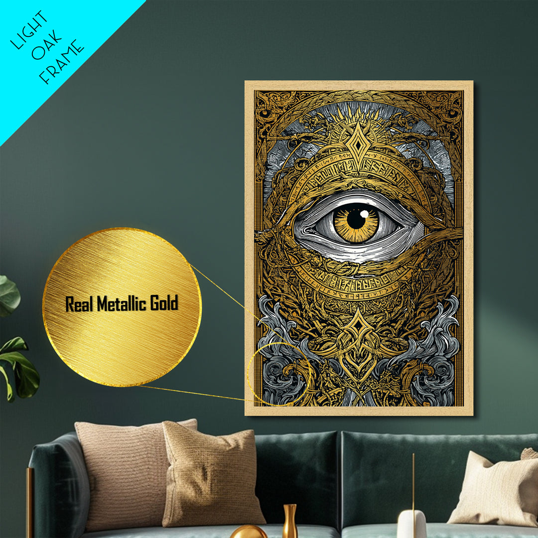 Norse All-Seeing Eye Metallic Gold Art Metal Art, Nordic Mythology Office or Man Cave Wall Decor framed in natural wood