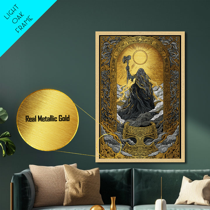 Thor with Hammer Nordic God Metallic Gold Art Metal Art Norse Mythology Wall Art Office or Man Cave Decor in wood frame