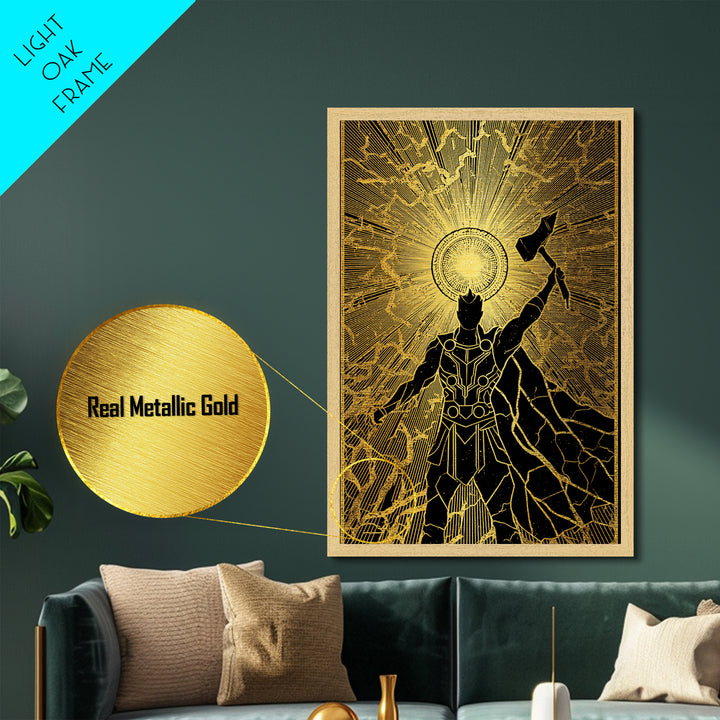 Norse God Thor Lightning Hammer Metallic Gold Art Metal Art Nordic Mythology Office Wall Art Man Cave framed in wood