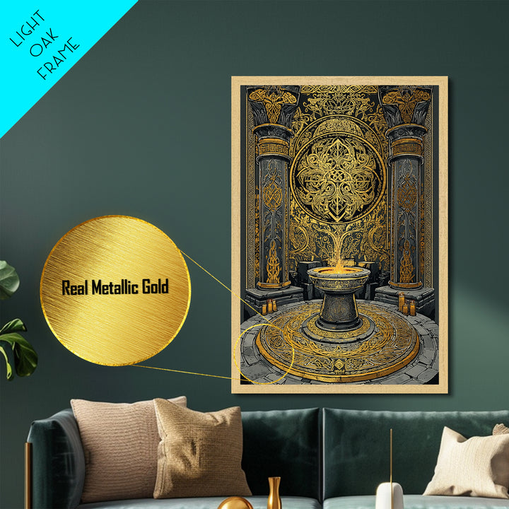 Norse Temple Sacred Flame Metallic Gold Art Metal Art Nordic Mythology Decor Office or Man Cave Wall Art real wood frame