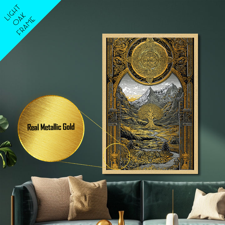 Yggdrasil World Tree Metallic Gold Art Metal Art Nordic Mythology Nature Wall Decor, Viking Office or Man Cave framed in wood
