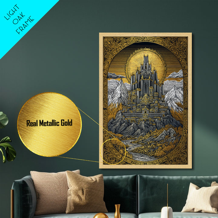 Asgard Castle Metallic Gold Art Metal Art Nordic Mythology Fortress Wall Art, Viking Inspired Office or Dad Gift framed in wood