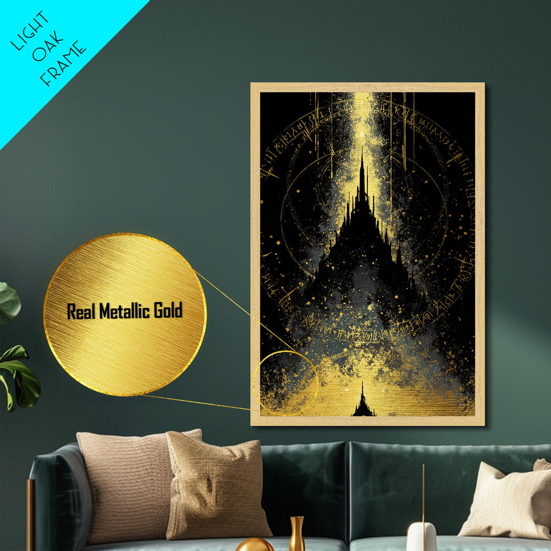 Mystical Asgard Silhouette Metallic Gold Art Metal Art Nordic Mythology Fantasy Castle Wall Decor, framed in natural wood style