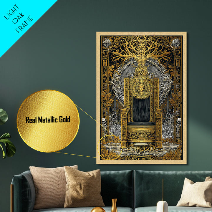 Nordic Throne Metallic Gold Art Metal Art Viking Mythology Wall Decor, Norse Royal Seat Wall Art framed in wood for Office Gift