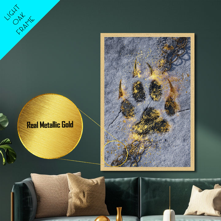 Fenrir’s Paw Print Metallic Gold Art Metal Art Norse Wolf Mythology Wall Decor, Viking Office Art framed with real wood for Men