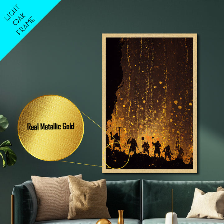 Norse Dwarves Warrior Silhouette Metallic Gold Art Metal Art Nordic Mythology Man Cave Wall Decor framed in natural wood