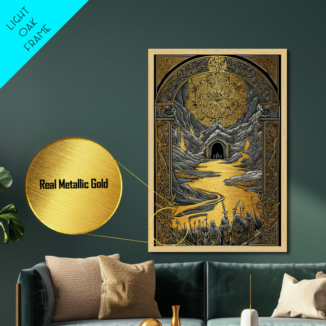 Viking Army March to Battle Metallic Gold Art Metal Art Norse Mythology Office Art Nordic Wall Decor with real wood frame
