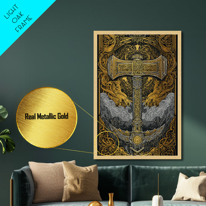 Thor’s Hammer Mjölnir Intricate Nordic Design Metallic Gold Art Metal Art Norse Mythology Man Cave Wall Art framed in oak