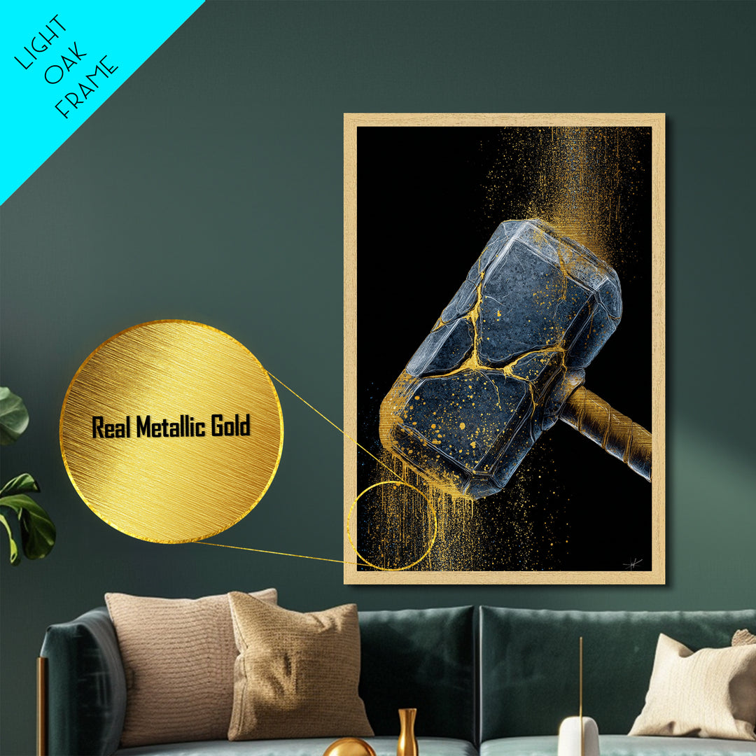 Norse Hammer Metallic Gold Art Metal Art Nordic Mythology Office Decor Dad Gift Modern Wall Hanging in handcrafted wood frame