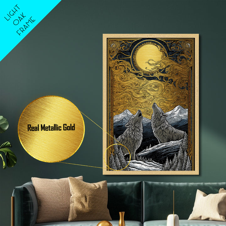 Skoll and Hati Wolves Chasing Sun Metallic Gold Art Metal Art Norse Mythology Nordic Wall Decor Office Art in wood frame