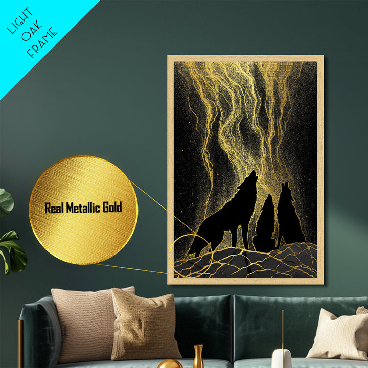 Howling Wolves Under Golden Sky Metallic Gold Art Metal Art Norse Mythology Nordic Decor Man Cave or Office framed in solid wood