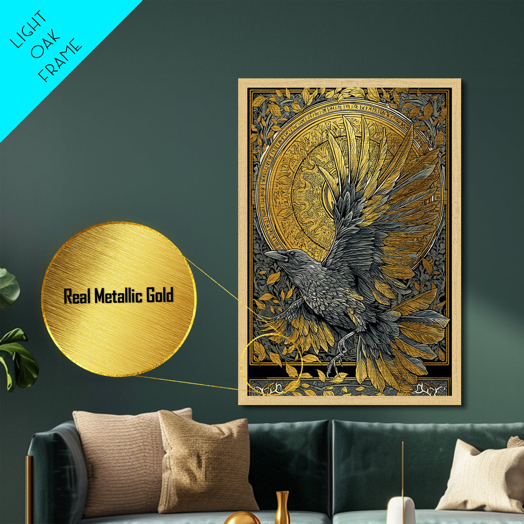 Muninn Raven Metallic Gold Art Metal Art Norse Mythology Nordic Wall Hanging Man Cave Office Decor in real wood frame