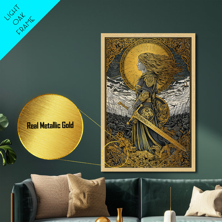 Valkyrie Warrior Metallic Gold Art Metal Art – Norse Mythology Wall Decor, Office or Man Cave Gift, framed in natural wood